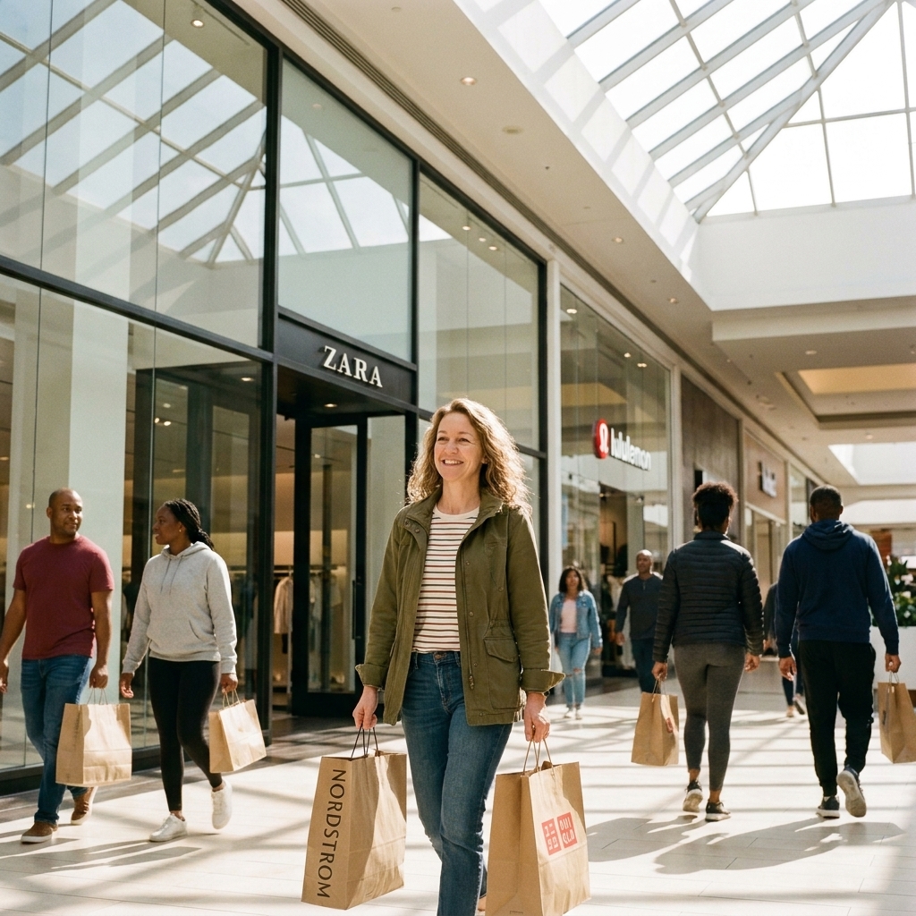 A wide, modern concourse inside American Dream with skylights, storefronts, and visitors carrying shopping bags