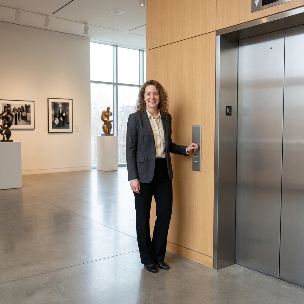 A wide museum elevator lobby with clear open space for wheelchairs and a visible elevator call button panel at accessible height