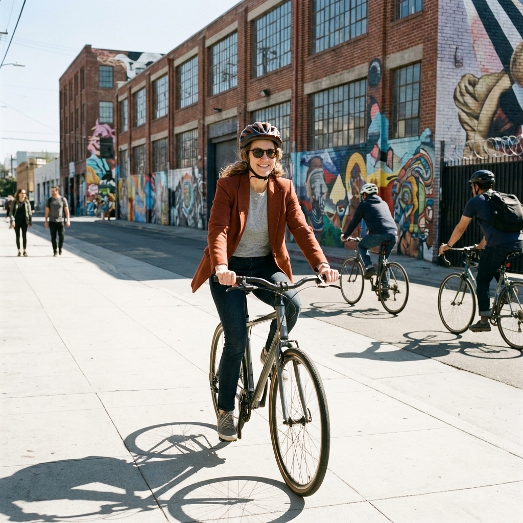 A wide sidewalk in Los Angeles Arts District with large murals on brick buildings, a few cyclists passing, and midday light casting sharp shadows