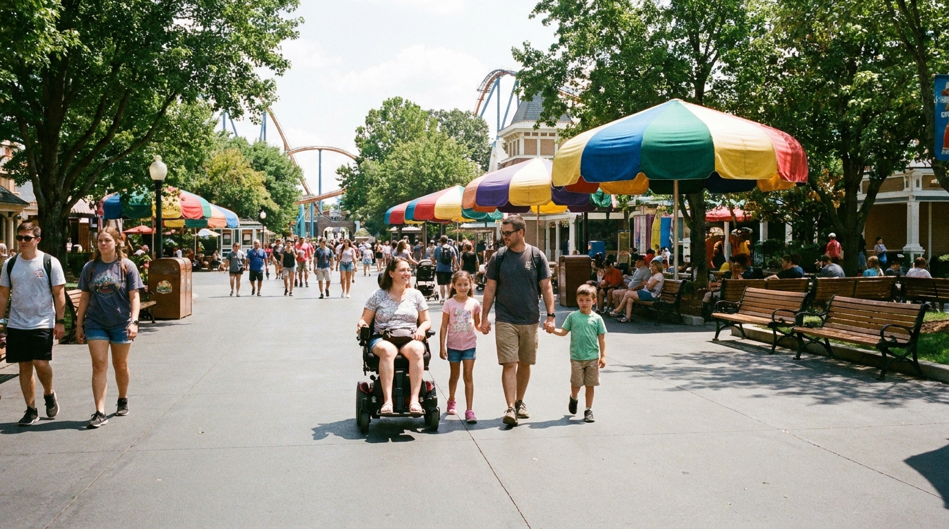 A wide theme park pathway with a wheelchair user and family moving comfortably past shade umbrellas and benches