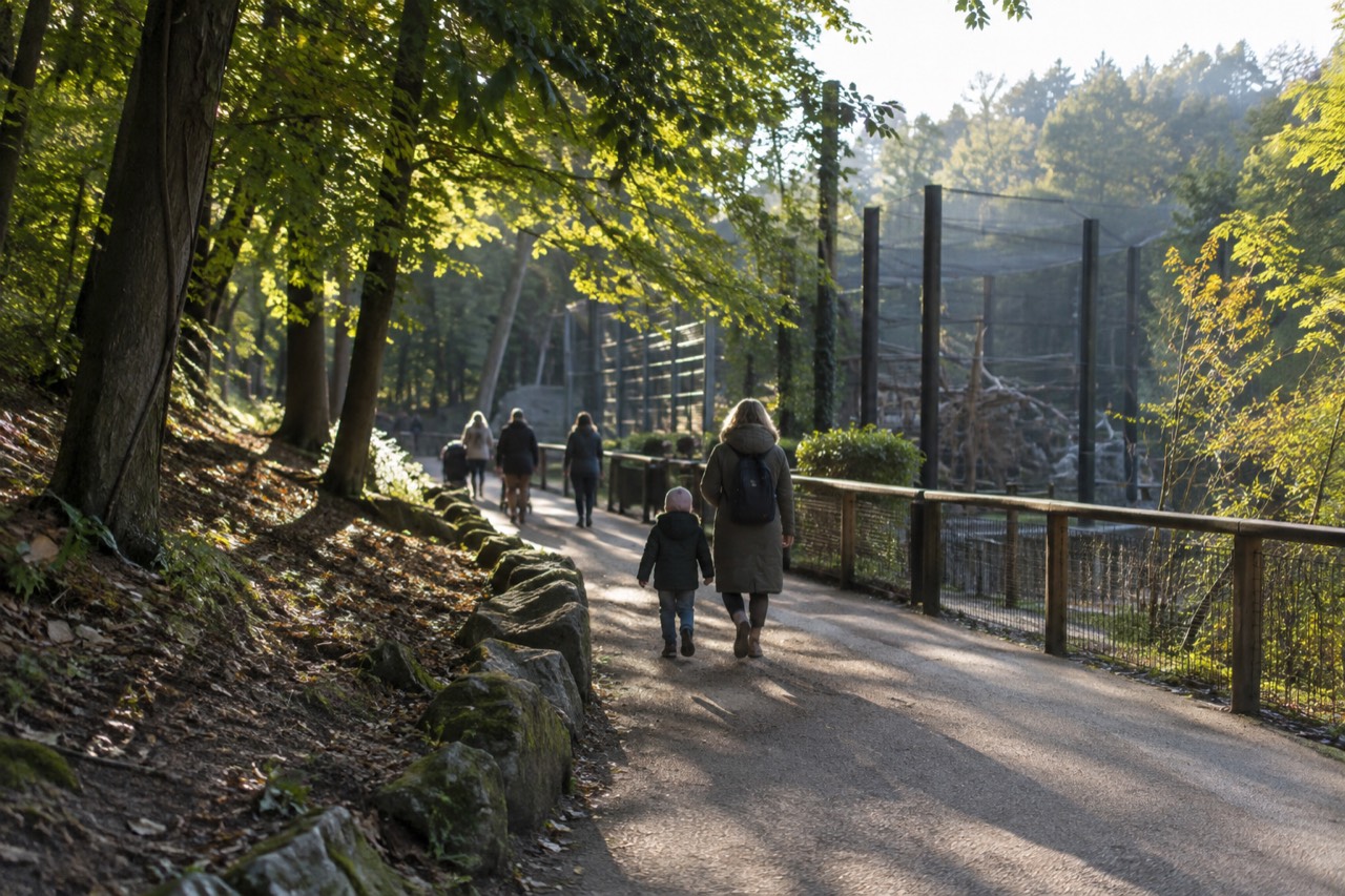 A wide zoo walkway in late afternoon with a few visitors strolling past shaded trees and animal habitat signs