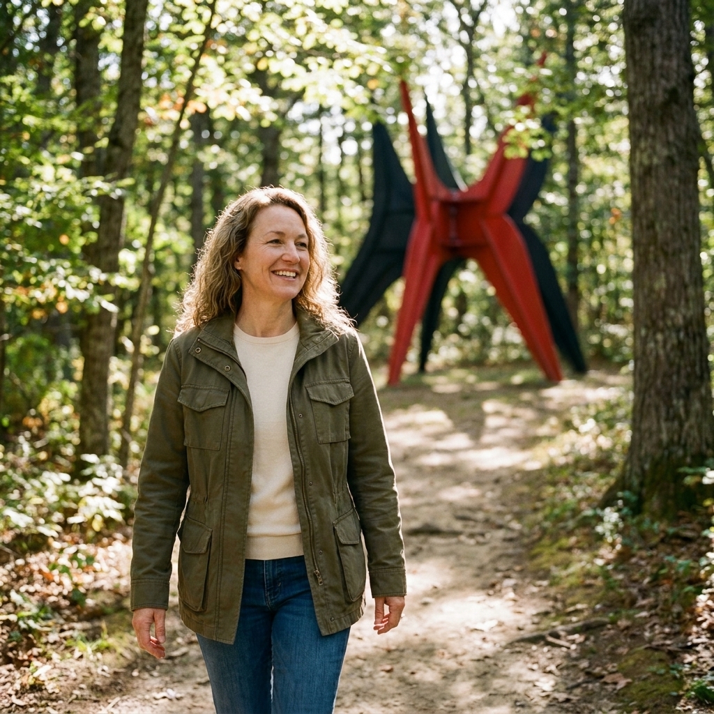 A wooded trail at deCordova Sculpture Park in Massachusetts with a contemporary outdoor sculpture visible between trees and dappled sunlight on the path