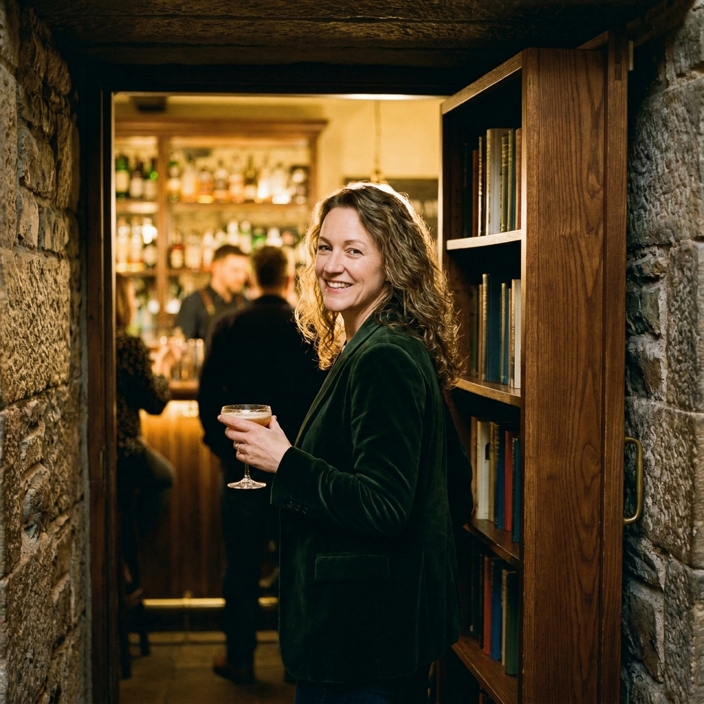 A wooden bookshelf in a dim hallway partially opened like a door, revealing a warmly lit bar interior behind it