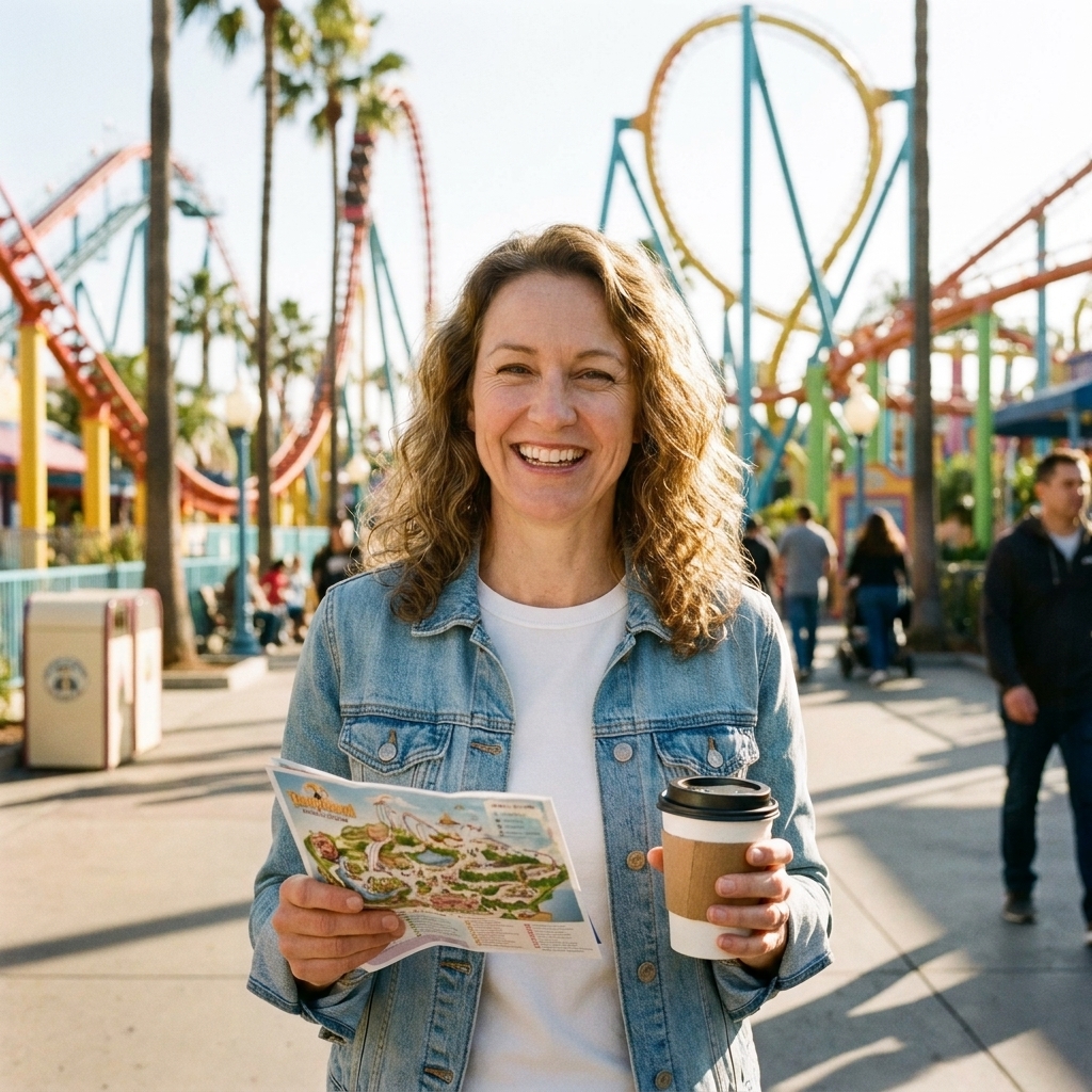 A young woman smiling on a sunny theme park walkway, holding a folded park map and a coffee