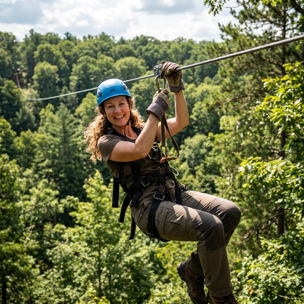 A zipline rider wearing a helmet and full-body harness gliding along a cable above a forest canopy, hands on the trolley, legs slightly bent