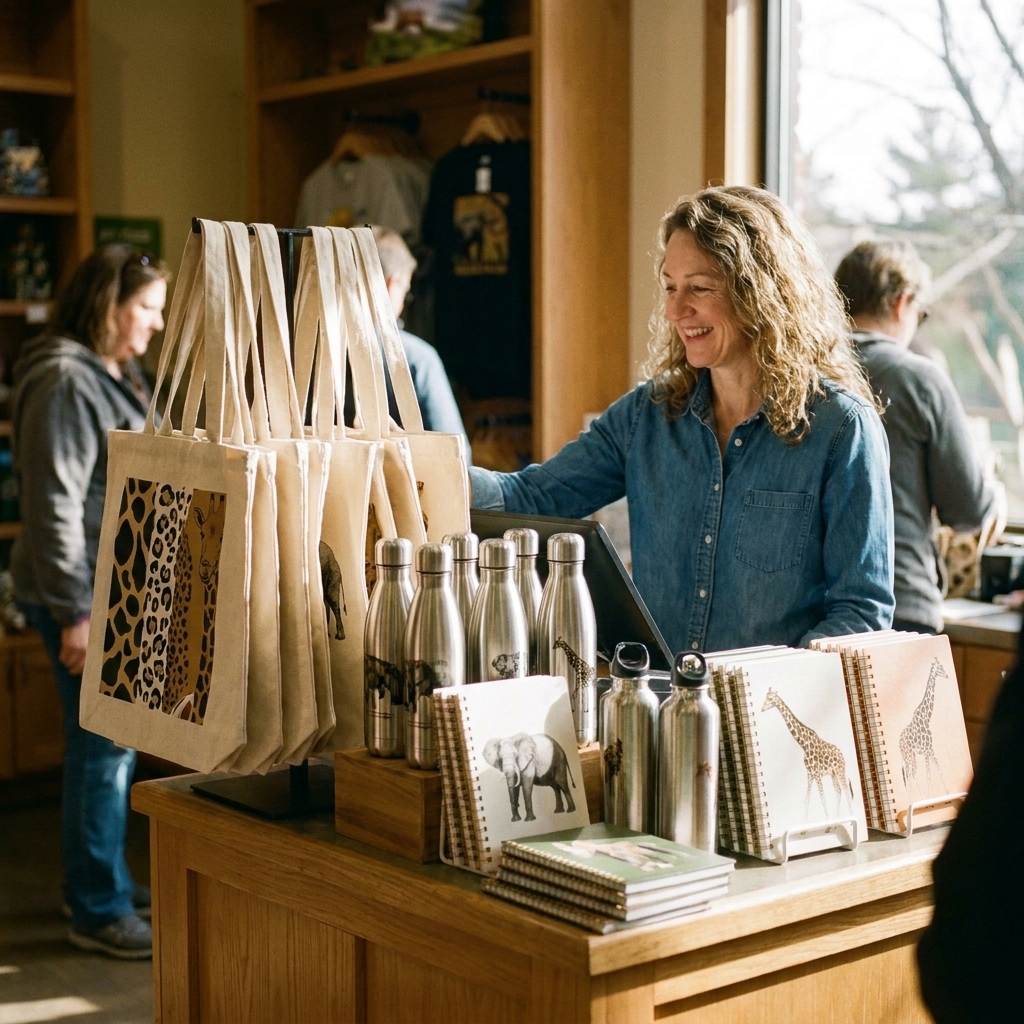 A zoo gift shop display featuring reusable tote bags, stainless steel bottles, and animal-themed notebooks arranged near a checkout counter