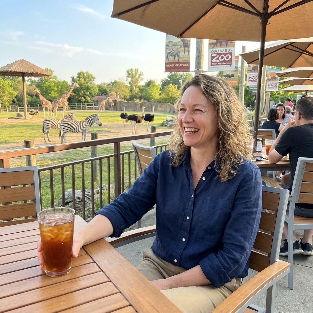 A zoo restaurant patio with tables looking out toward African animal habitats at the Columbus Zoo