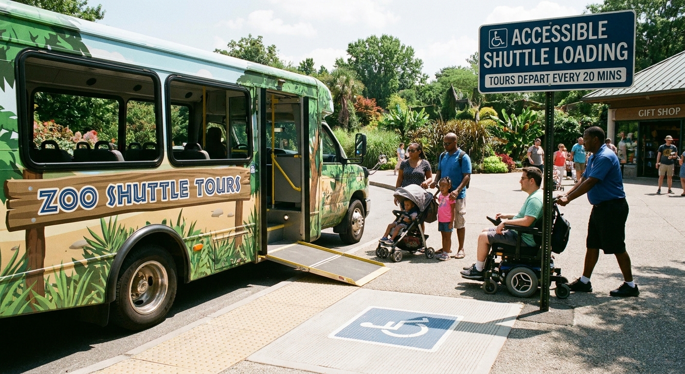 A zoo shuttle bus parked near an accessible loading area with a ramp, as visitors prepare to board for a tour