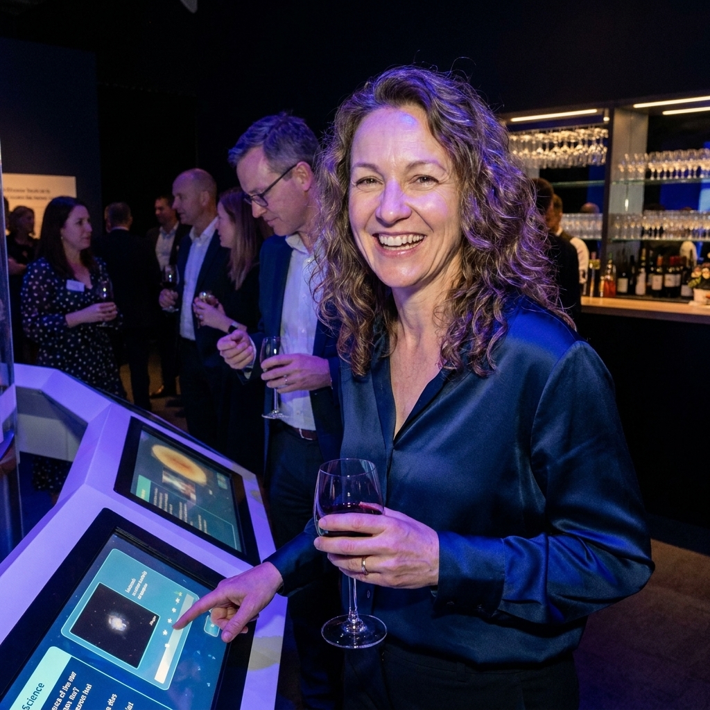 Adults at a nighttime museum event with exhibit lighting, interactive displays, and a bar service area