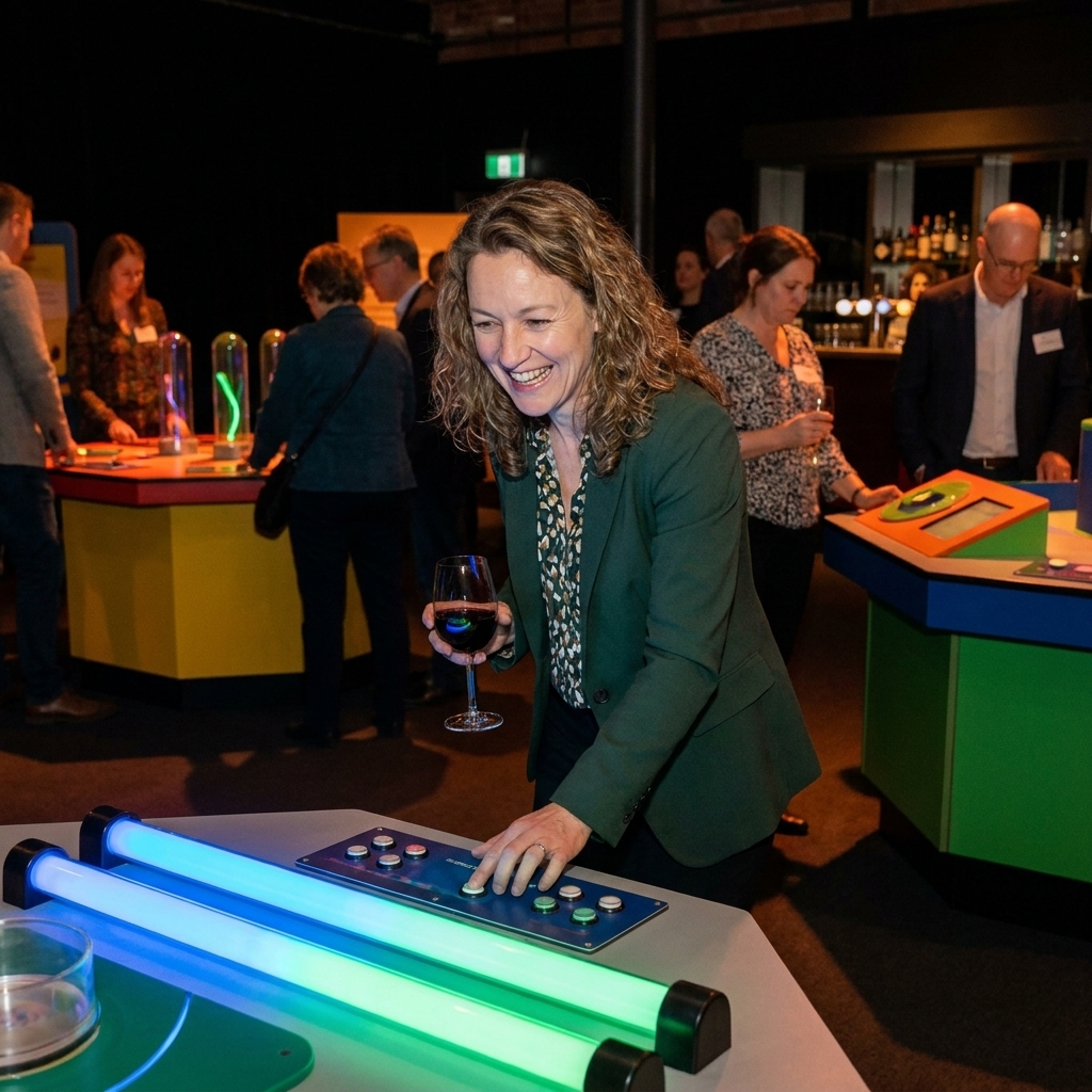 Adults trying hands-on science exhibits during an evening event with colorful interactive stations and bar service
