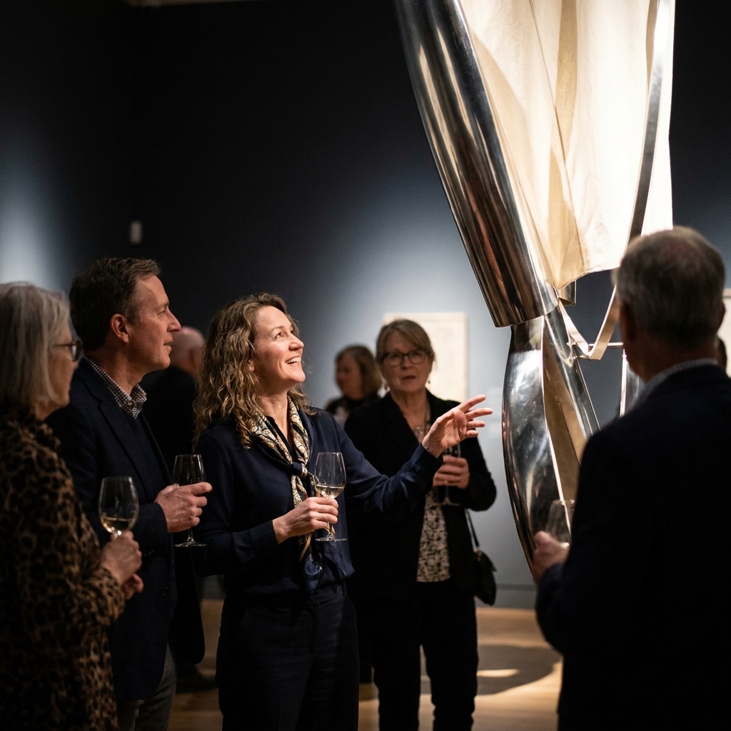 Adults viewing contemporary art during an evening museum program with spotlighting on large installations