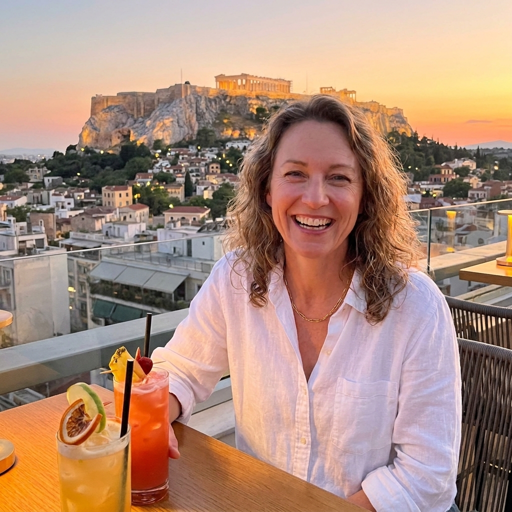 An Athens rooftop bar at sunset with cocktails on a table and the Acropolis illuminated on a hill in the background