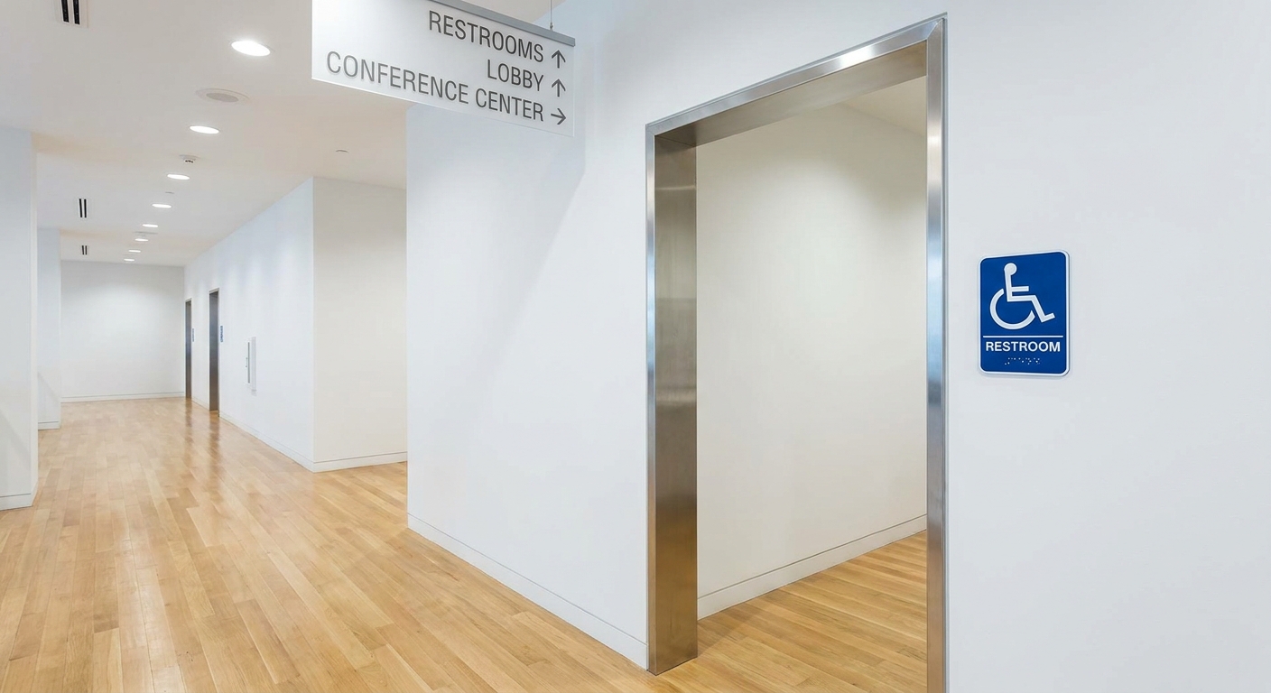 An accessible restroom sign next to a wide doorway inside a clean public venue hallway with bright lighting and clear wayfinding