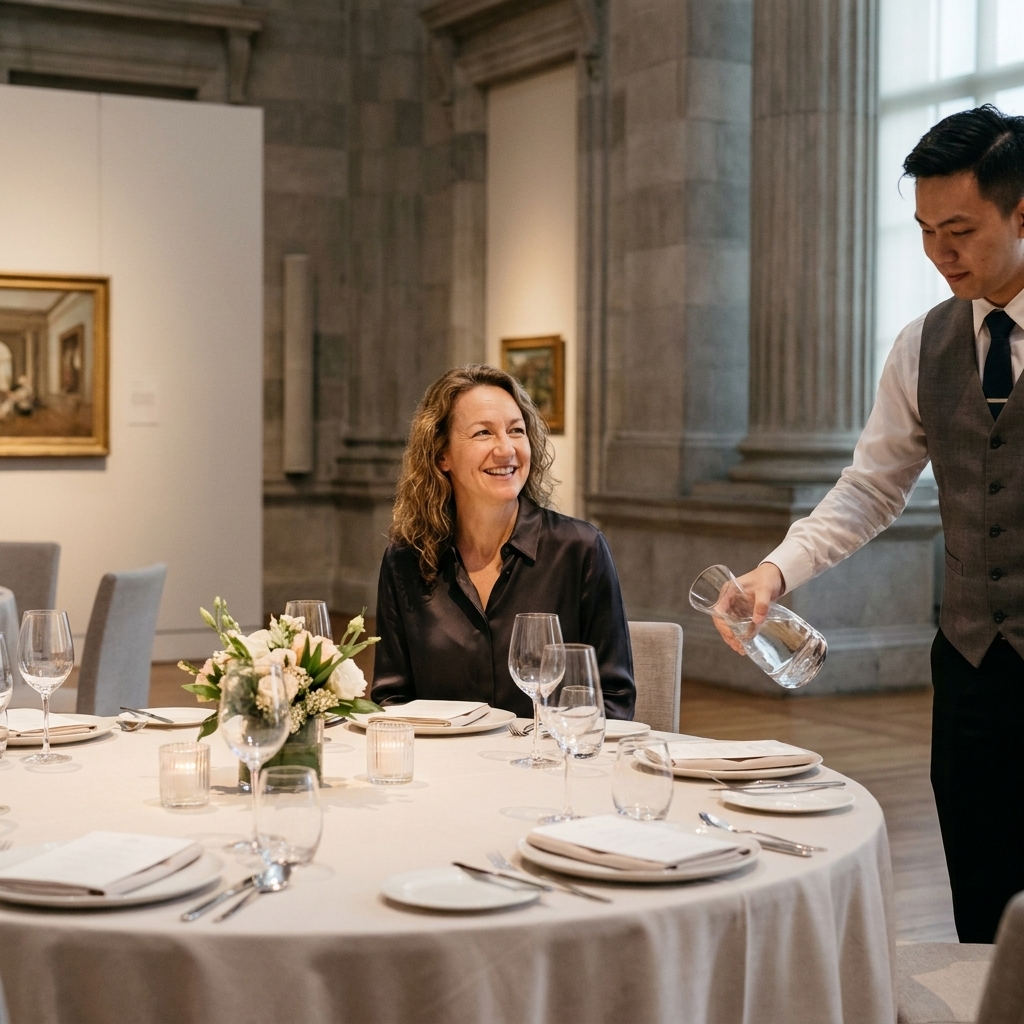 An elegant fine-dining-table setting inside the National Gallery Singapore, with soft lighting, minimalist decor, and attentive service