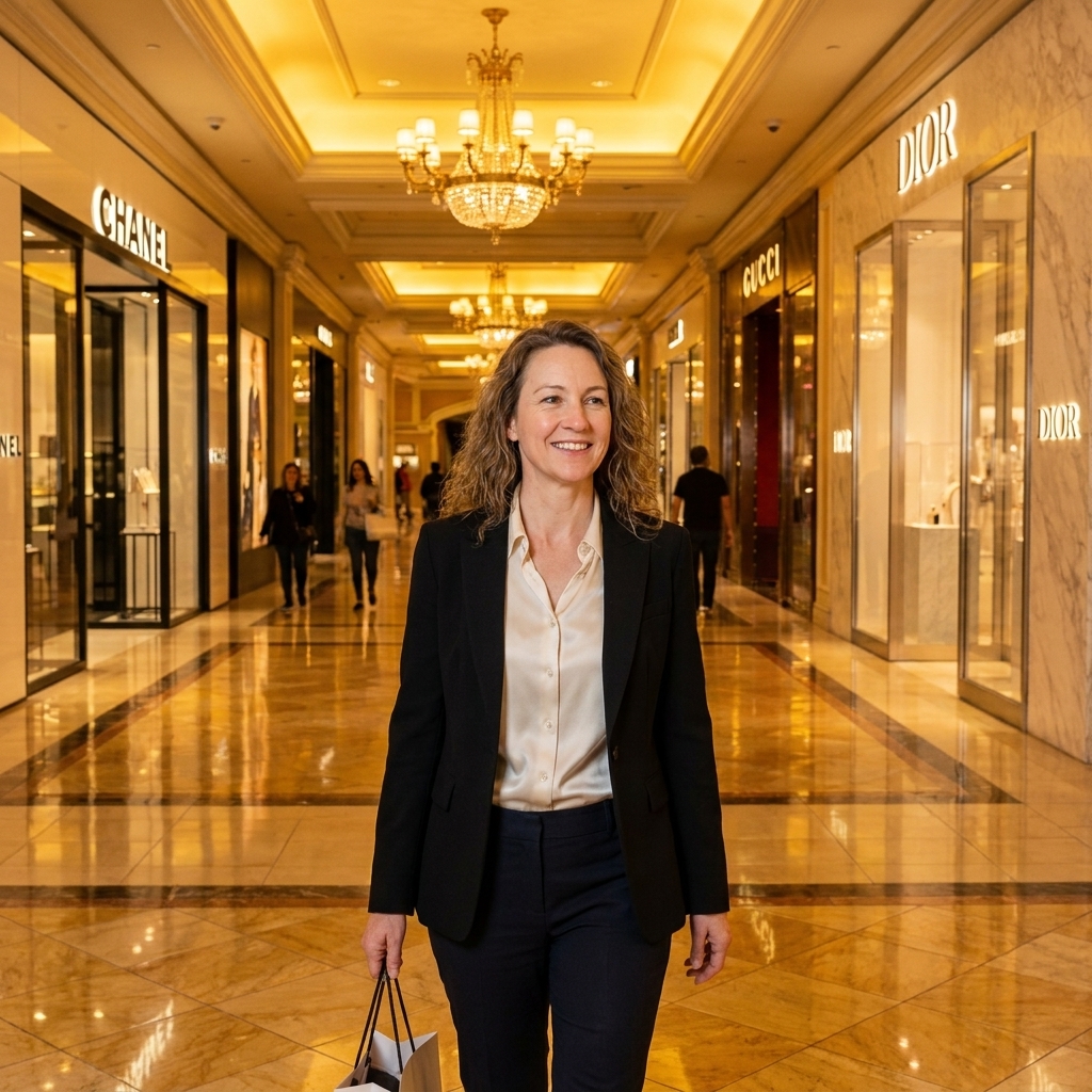 An elegant indoor retail corridor at Bellagio in Las Vegas with warm lighting, polished stone floors, and luxury boutiques along both sides
