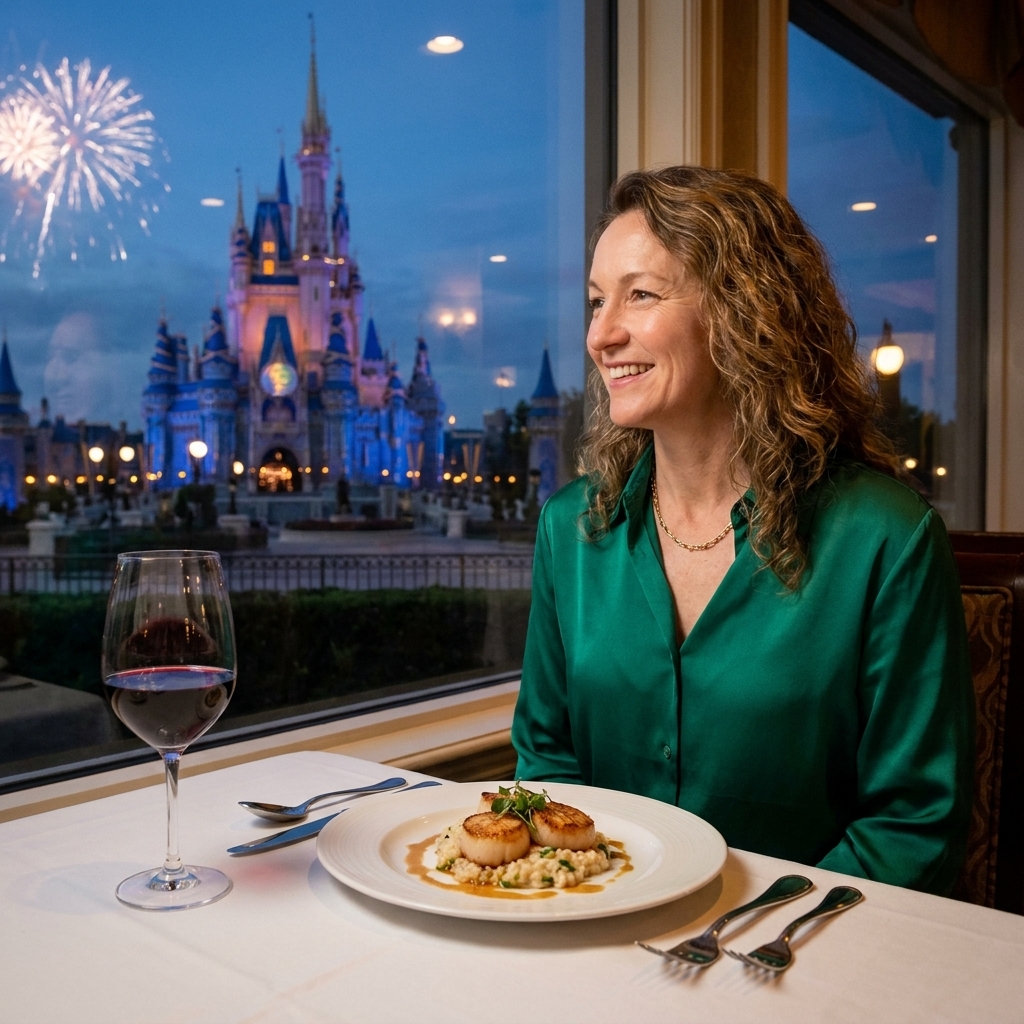 An elegantly plated entrée on a white tablecloth with a window view toward the Magic Kingdom area at dusk, creating a special-occasion restaurant vibe
