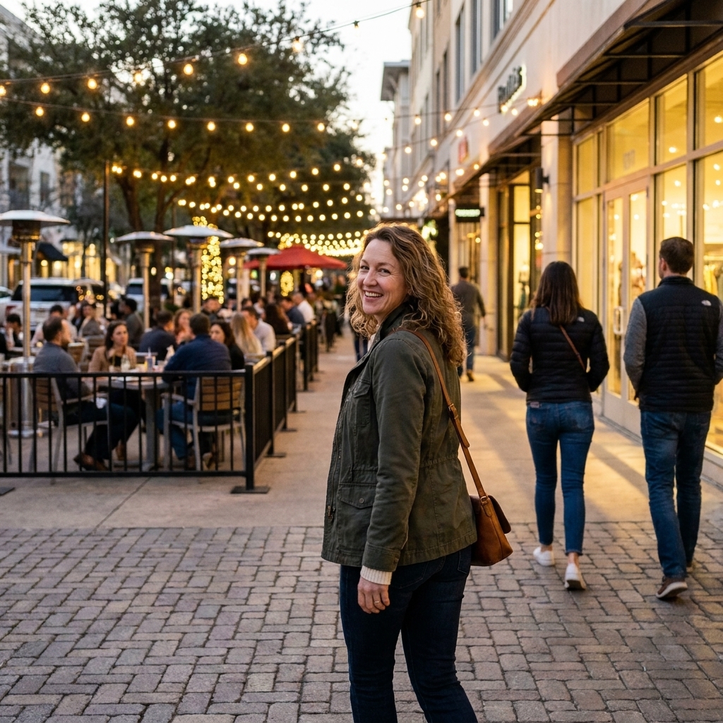 An evening scene at Austin's Domain NORTHSIDE with outdoor dining patios, string lights, and people walking between shops