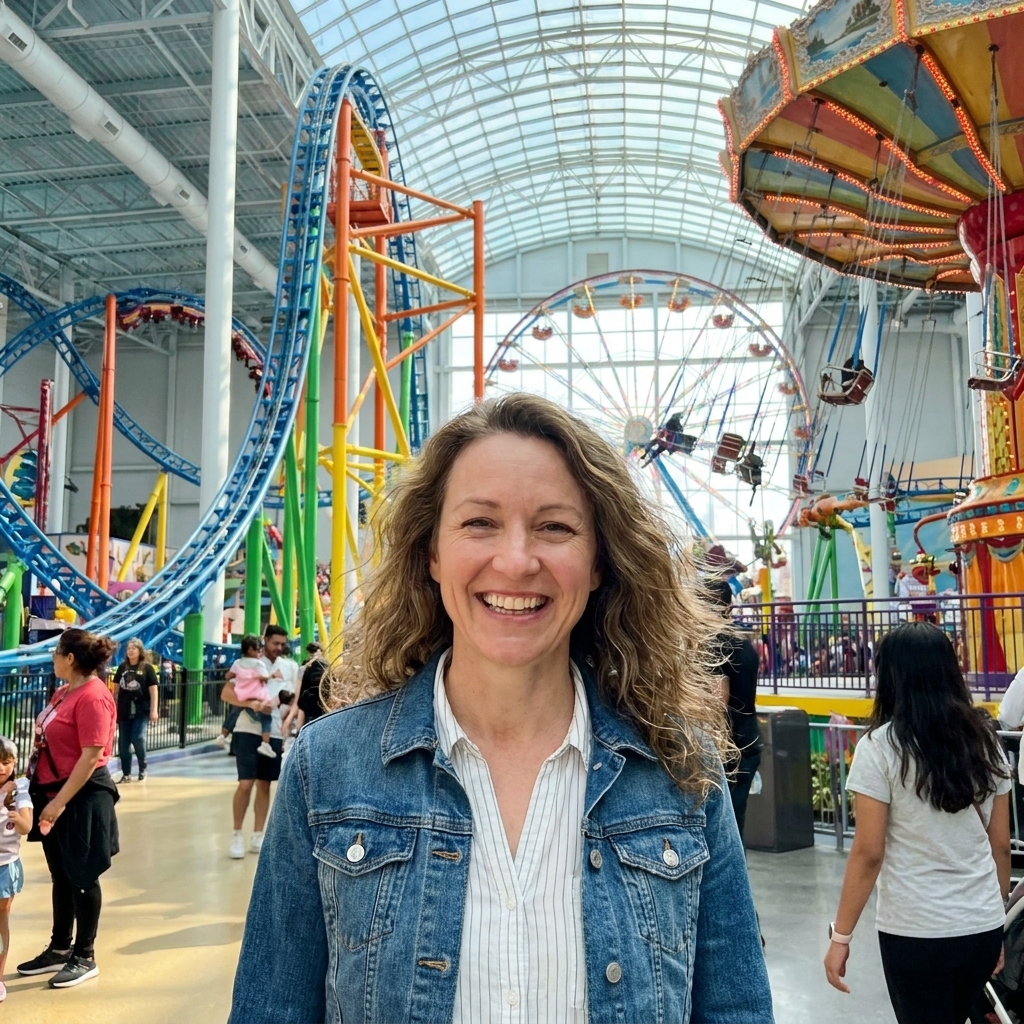 An indoor amusement park at American Dream with colorful ride structures and a large coaster track soaring above the floor