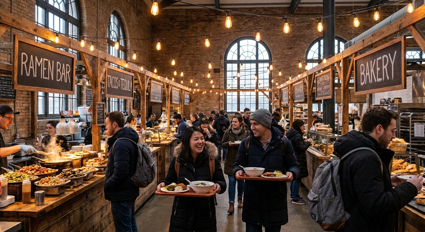 An indoor food market with warm string lighting, vendor counters, and travelers walking with trays of food, candid urban travel scene