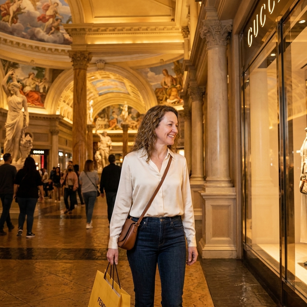 An indoor promenade at The Forum Shops at Caesars Palace with ornate columns, warm lighting, and shoppers walking past luxury storefronts