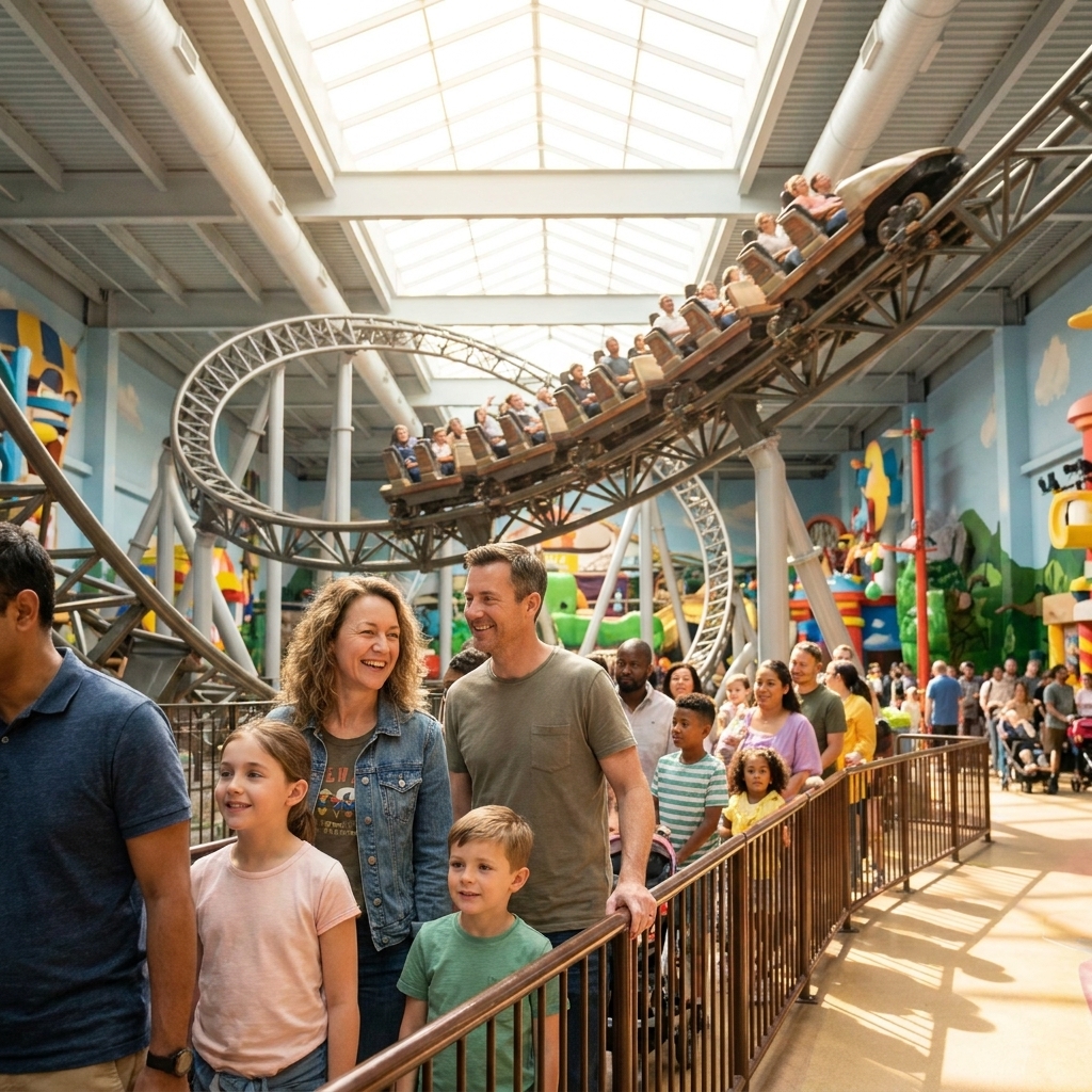 An indoor roller coaster weaving through a brightly lit theme park space with families waiting in a queue area