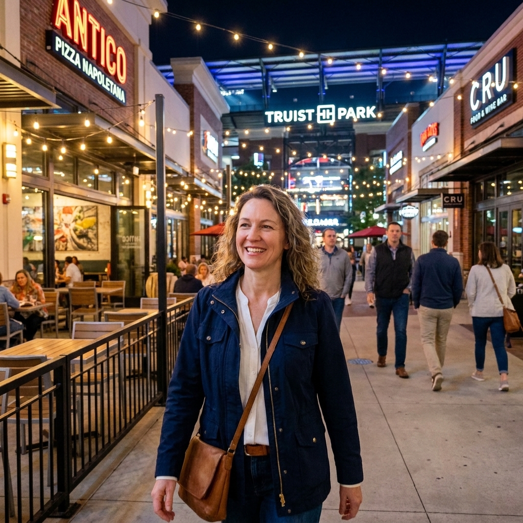 An open-air plaza at The Battery Atlanta with outdoor seating, people strolling, and storefronts lit up in the evening