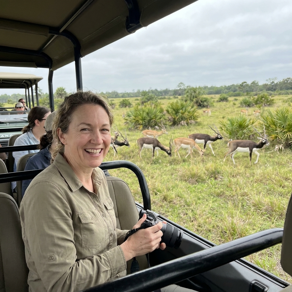 An open-air safari vehicle driving through a Florida pasture as a herd of antelope grazes nearby under cloudy skies