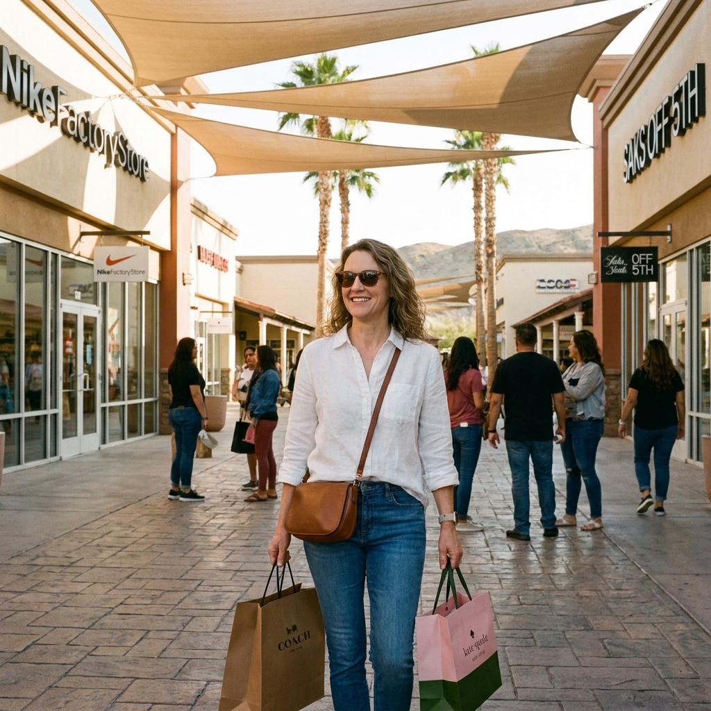 An open-air walkway at Las Vegas North Premium Outlets with storefronts, shade structures, and shoppers moving between stores