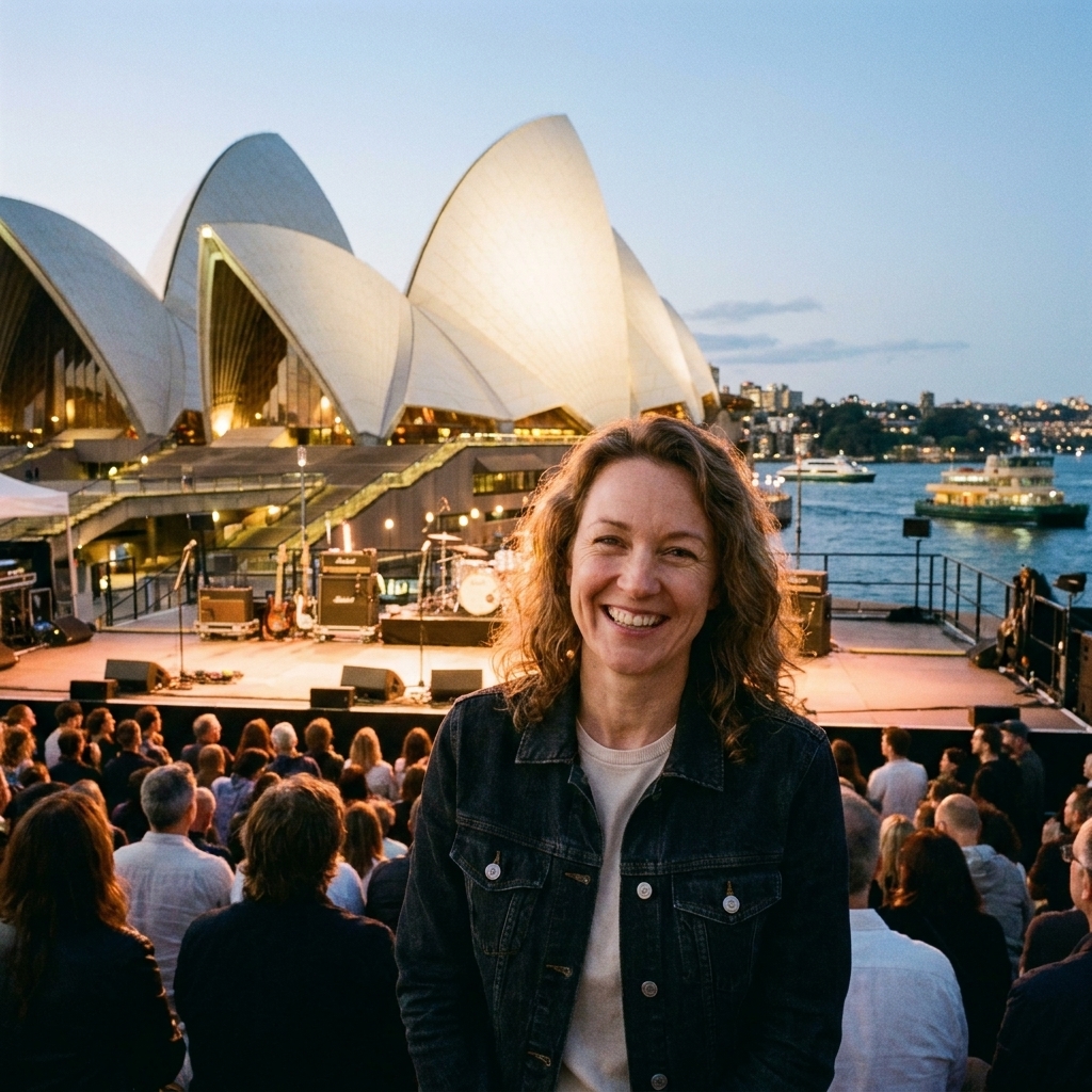 An outdoor concert setup at the Sydney Opera House Forecourt with the illuminated sails behind the stage and the harbor visible nearby at twilight