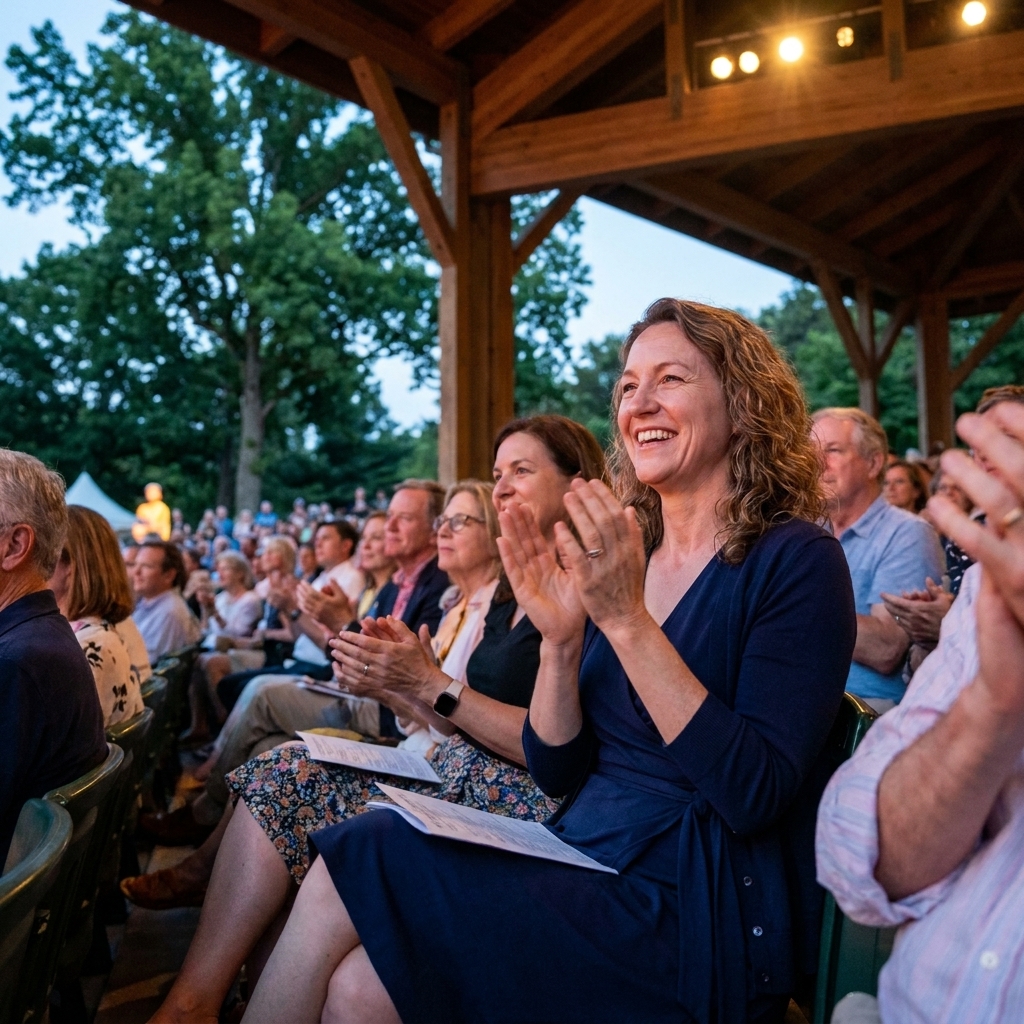 An outdoor evening performance at Wolf Trap in Vienna, Virginia, with audience members seated under a pavilion and trees framing the open-air venue