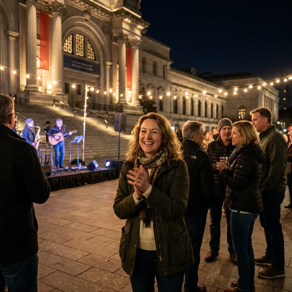 An outdoor museum plaza at night with string lights, adults listening to live music, and the museum building illuminated
