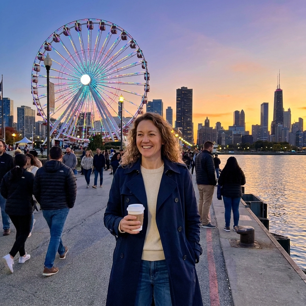 Chicago's Navy Pier at sunset with the Ferris wheel illuminated and visitors walking along the waterfront