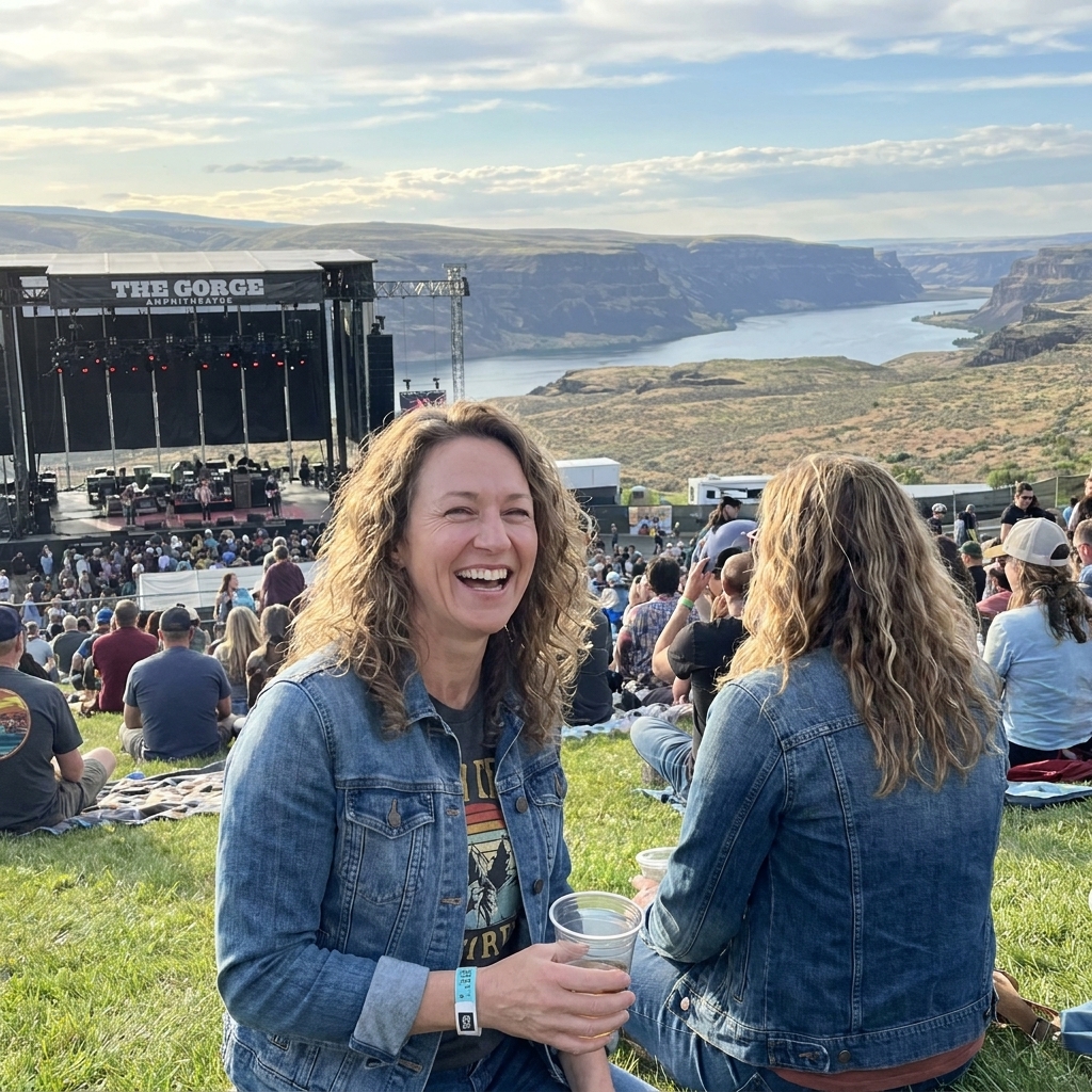 Concertgoers gathered on a grassy hillside at The Gorge Amphitheatre in Washington with the stage in the foreground and the Columbia River canyon stretching out behind