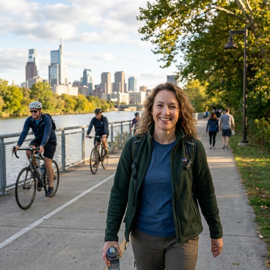 Cyclists and walkers on the Schuylkill River Trail with trees lining the riverbank and the city visible beyond