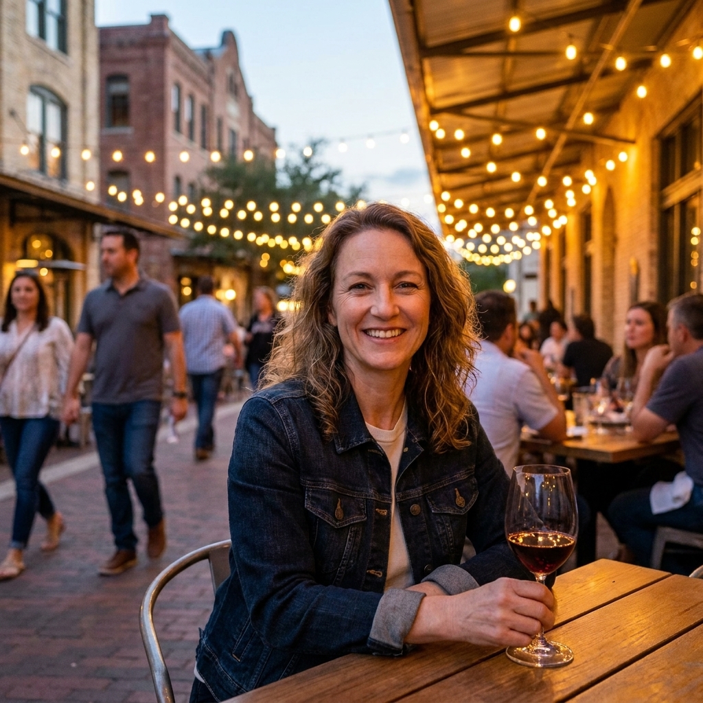 Evening at San Antonio's Pearl District with warm string lights, outdoor dining tables, and people walking between restaurants