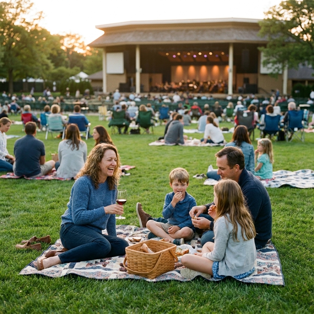 Families and groups picnicking on a green lawn at Ravinia Festival in Highland Park, Illinois, with the pavilion stage visible in the distance during early evening