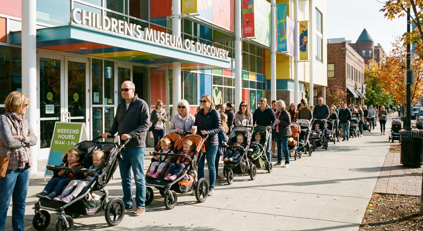 Families with strollers line up near the entrance of a children’s museum on a weekend morning