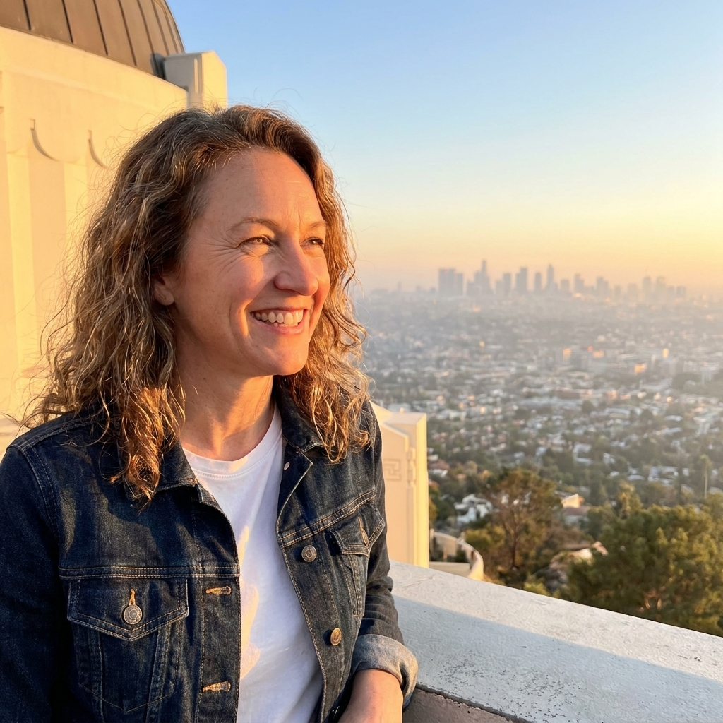 Griffith Observatory perched above Los Angeles with the city skyline visible in the hazy distance during late afternoon light