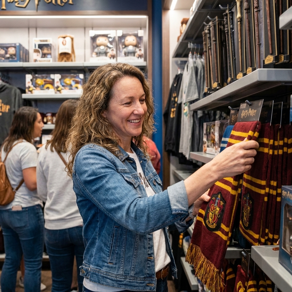 Guests browsing shelves of themed merchandise inside a Universal Orlando store under bright indoor lighting