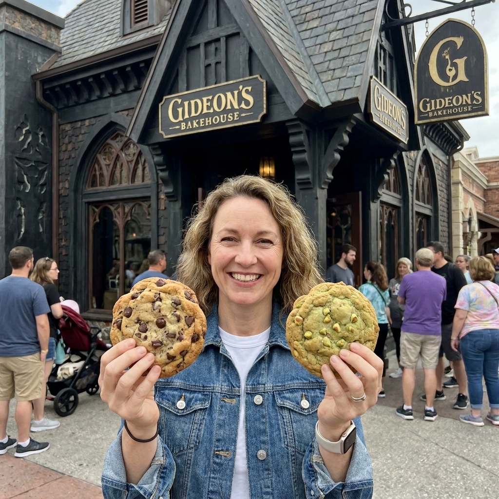 Guests holding oversized cookies outside Gideon's Bakehouse at Disney Springs near the distinctive storefront