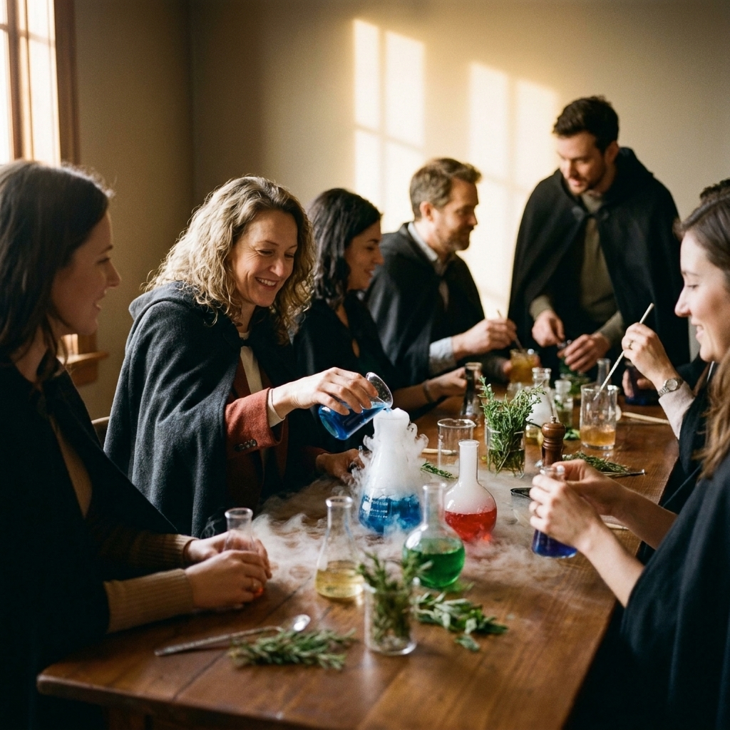 Guests seated at a long table wearing cloaks while mixing colorful drinks with smoke and bubbling effects
