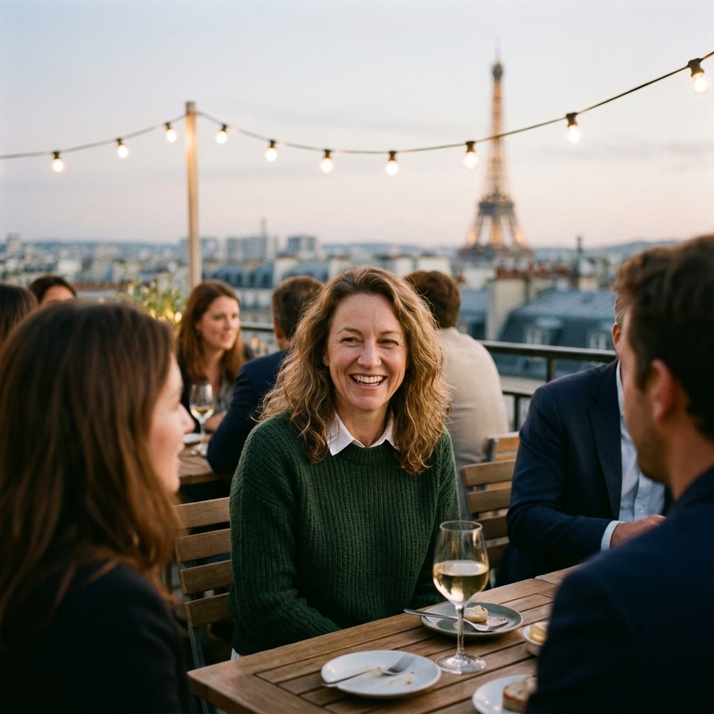 Guests seated at the Terrass Hotel rooftop in Paris with warm string lights and a distant view of the Eiffel Tower above the city rooftops