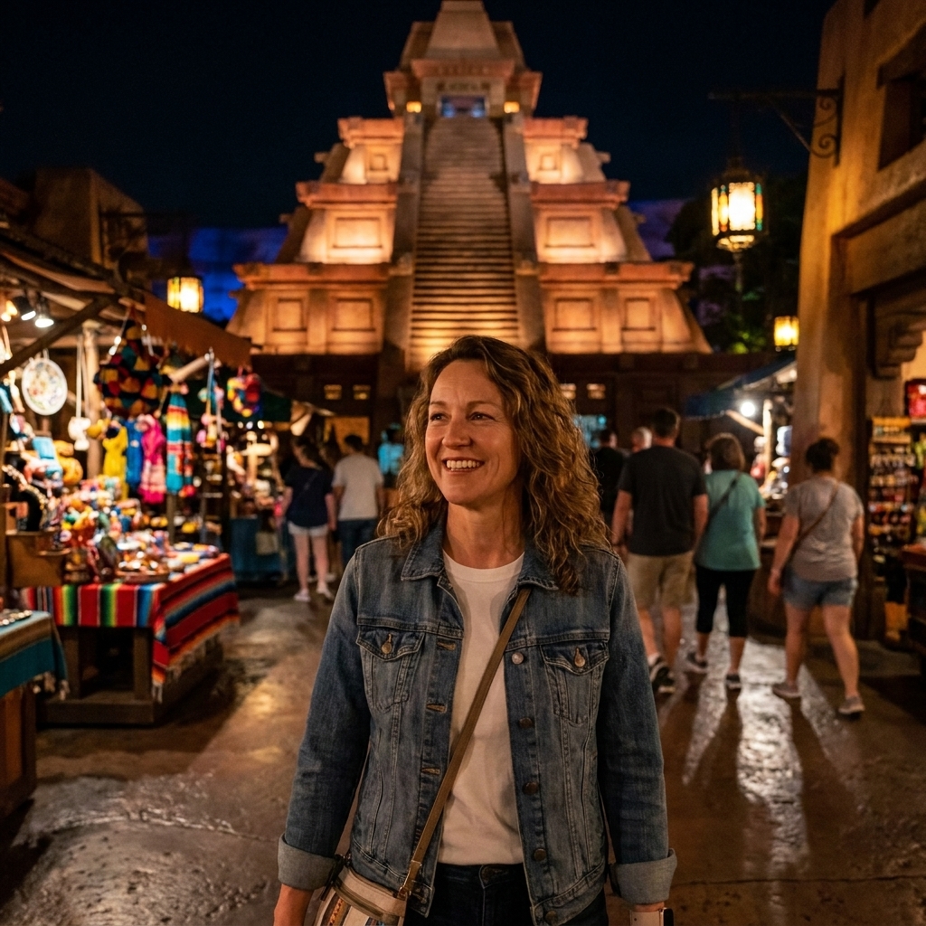 Guests walking inside EPCOT’s Mexico pavilion with the glowing pyramid interior and market-style shops around a dark indoor walkway