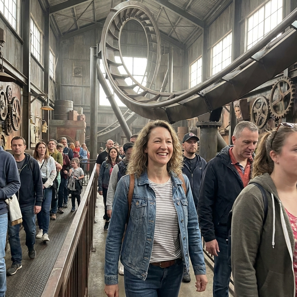 Guests walking through a themed roller coaster queue with steel track visible overhead as the line moves forward