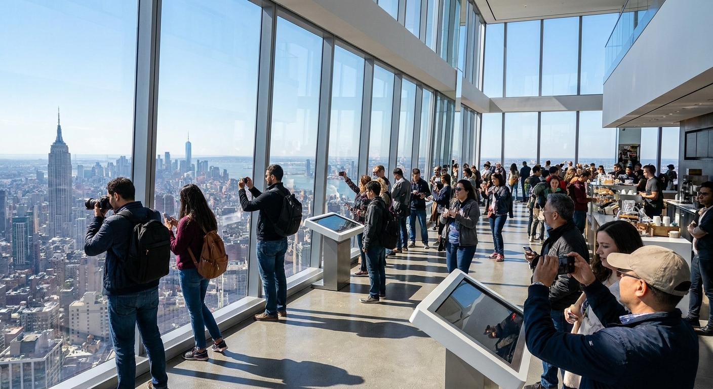 High-rise observation deck with floor-to-ceiling windows overlooking a clear city skyline, with visitors taking photos