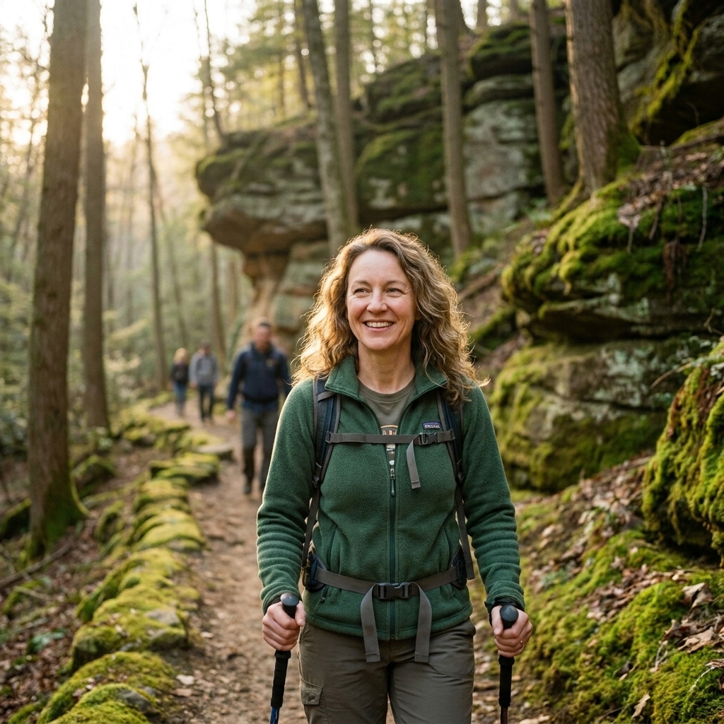 Hikers walking a forest trail at Hocking Hills State Park with mossy rocks, tall trees, and soft morning light