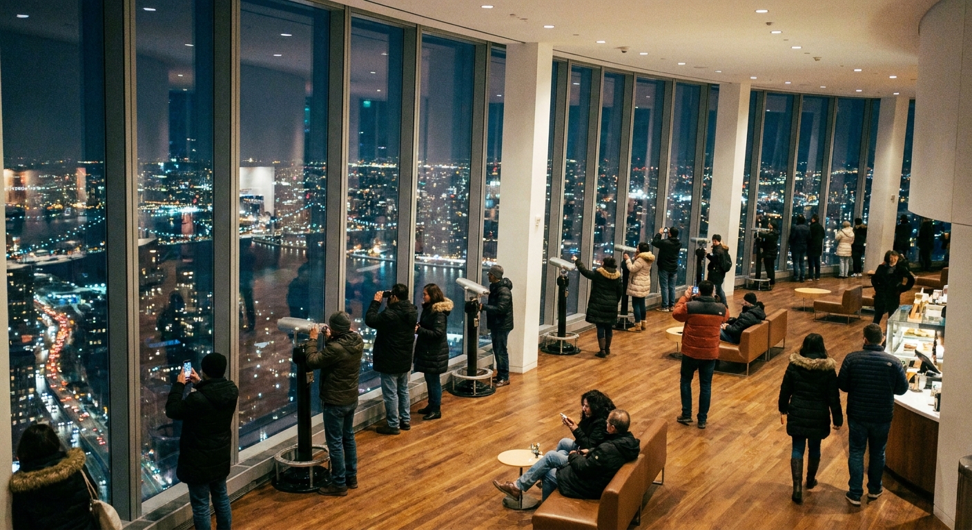 Indoor observation deck with large windows and a sweeping city view at night, with small groups of visitors looking out