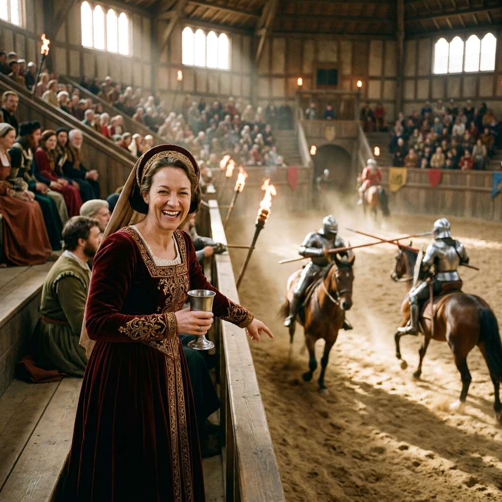 Knights on horseback jousting inside an indoor arena as guests watch from tiered seating