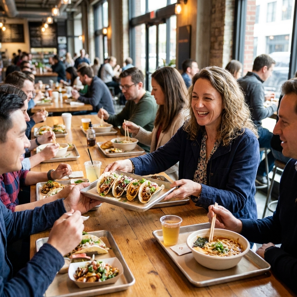 Long communal wooden tables in a gourmet food hall with diners sharing space and trays of food on the tabletops