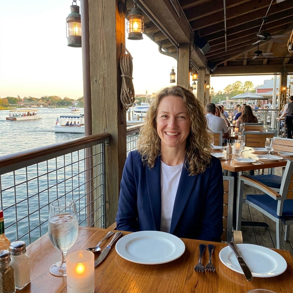 Outdoor patio dining at The Boathouse in Disney Springs with waterfront views, nautical decor, and tables set for dinner